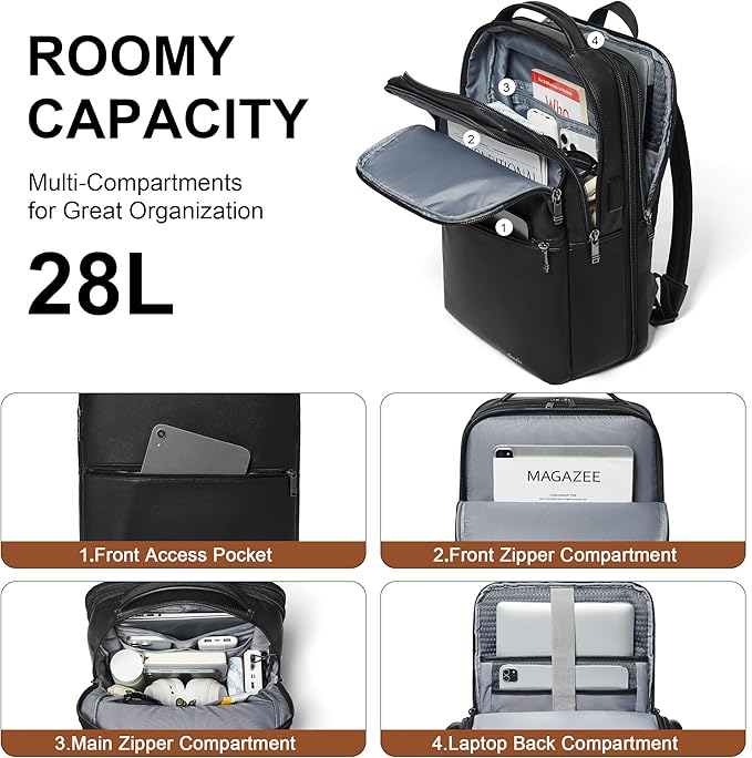 Vegan Leather Laptop Backpack for Women&Men,16 Inch Expandable Backpack with USB Charging Port,Two-toned Black