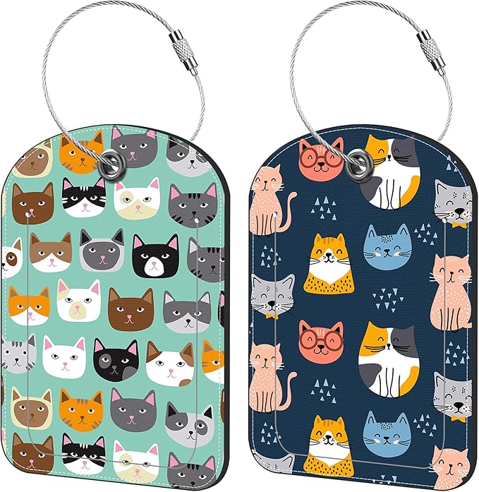 Cute Cat Animal Prints Luggage Tag for Suitcase Set of 2 PU Leather Cute Luggage Tags with Stainless Metal Loop ID Label Privacy Flap Suitcase Tags for Women and Men Travel