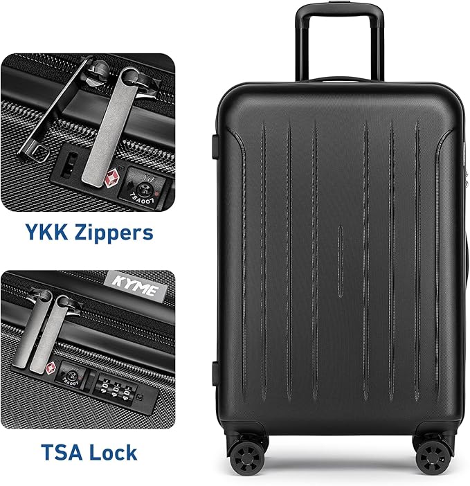 KYME Suitcase Hardshell With Double Spinner Wheels, PC+ABS TSA Lock Travel Luggage (Black, 24" Checked)