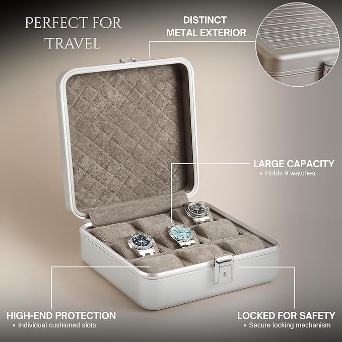 Bey-Berk Prague Aluminum Watch Case in Silver – 9-Slot Locking Travel Box with Soft Interior for Watch Storage