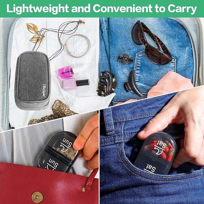Serfeymi Weekly Travel Pill Organizer 2 Times A Day AM PM Upgraded Black Pill Box 7 Day with Portable Zipper Canvas Pill Case, Medicine Organizer for Pills, Vitamins, Supplements, Fish Oils - Grey 01