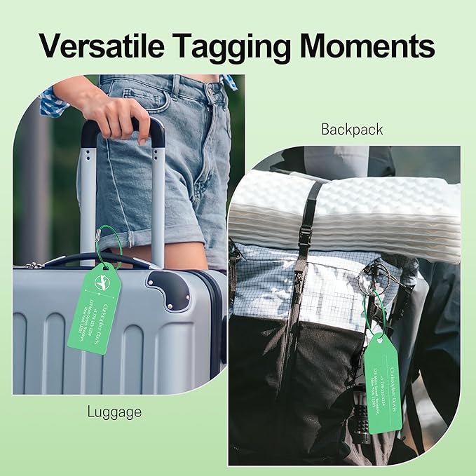 4 PCS Personalized Metal Luggage Tag – Personalized Engraved Suitcase Tag, Backpack Tag, with Matching Color Strap, Waterproof Suitcase Name Badge – Ideal Corporate Gift & Travel Accessory (Green)