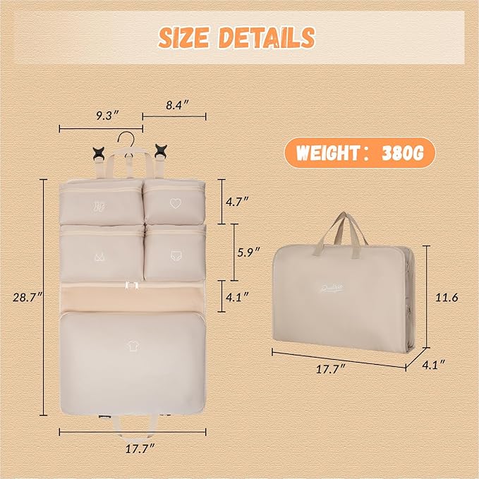 Hanging Packing Cubes,Garment Bags for Travel and Storage, Travel Apparel Bags for Men Women with 5 Solid Color Pockets, Storage Bags for Clothes, Socks,Underwear for Carry on Suitcase (Khaki)