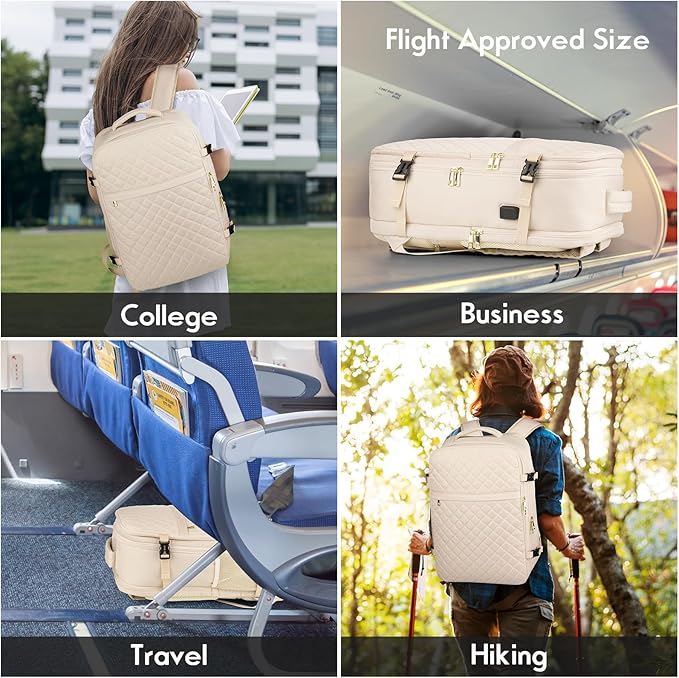 MOMUVO Large Travel Backpack Women, Flight Approved Carry On Backpack, Water Resistant Anti-Theft Large Casual Daypack Fit 17 Inch Laptop with USB Charging Port, Beige