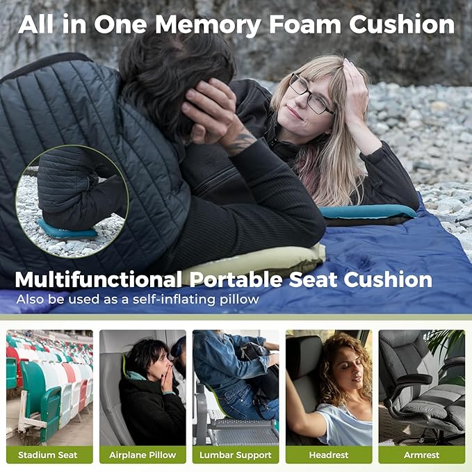 ATEPA Inflatable Stadium Seat Cushion, Self-Inflating Memory Foam Stadium Seats Bleacher Seat Chair Cushion Pad for Airplane Travel Backpacking Sports Events