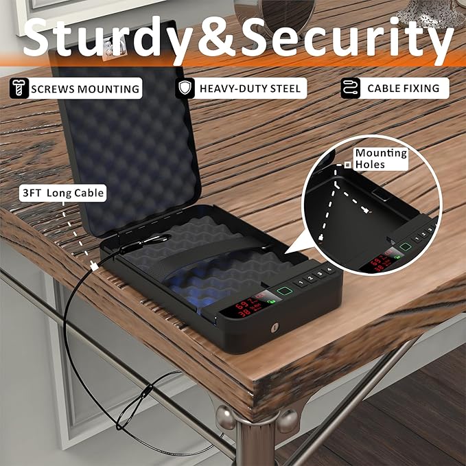 Portable Gun Pistol Safe with LCD Display of Temp,Humidity,Biometric Fingerprint,Keypad Lock,Key,Biometric Handgun Safe for Travel/Home/Car/Nightstand Beside (Black)