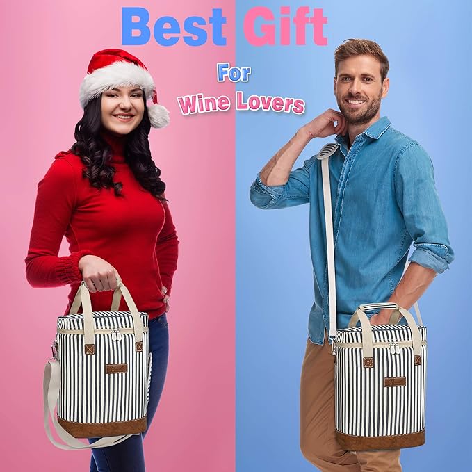 Tirrinia 6 Bottle Wine Cooler Bag - Blue Stripe, Padded & Thermal Insulated, Leakproof, Multi-Use, On-The-Go Design
