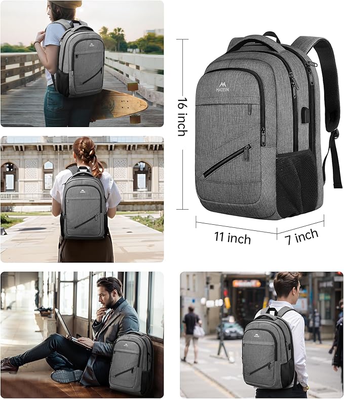 MATEIN 15.6 Inch Student Laptop Backpack, 20 L Airline Personal Item College School Book Bag with TSA Laptop Compartment, Water Resistant Work Commute Computer Backpack for Men Women, Grey