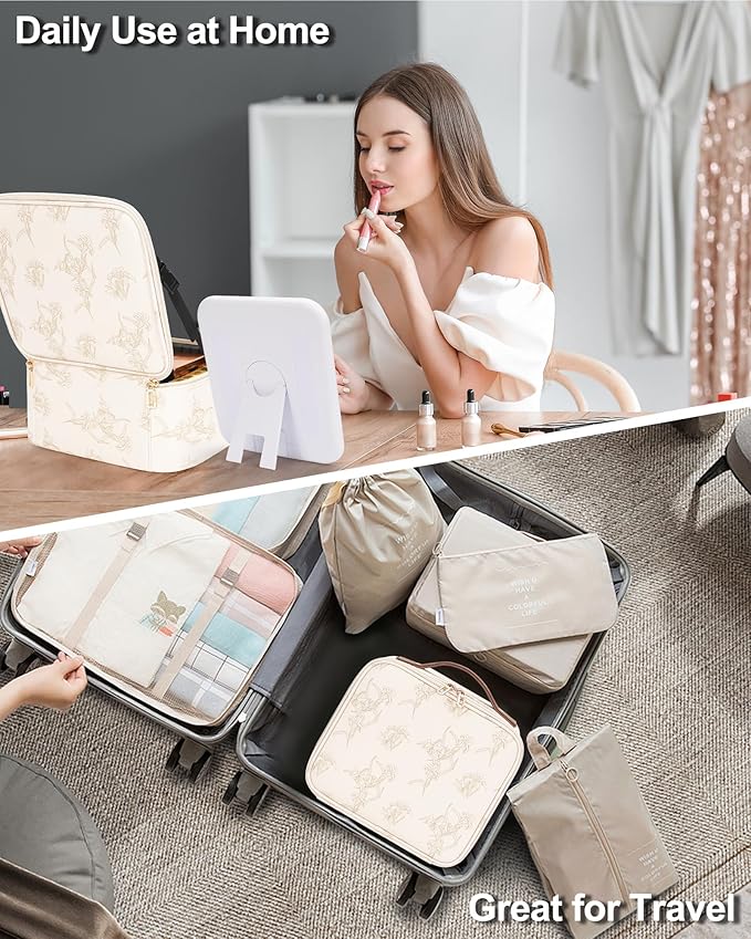 Chomeiu Makeup Bag with LED Mirror, Cute Cosmetic Bags Birthday Gifts for Girls Women, Makeup Train Case Artists Organizer Large Make Up Bags with Light Up Mirror 3 Color Lights, Beige