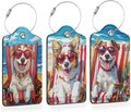 Funny Dog Summer 3 Pack PU Leahter Luggage Tag with Stainless Steel Loop, Cool Dog at The Beach Travel Suitcase Labels with Privacy Cover ID Label Quickly Spot for Bags