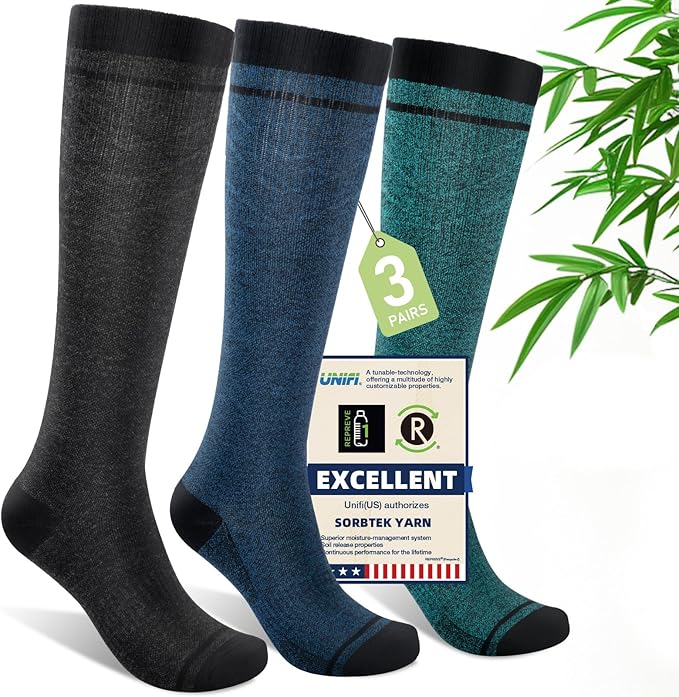 Mens Compression Socks for Men Women, 15-20 mmHg Bamboo Viscose Knee High Soft Support for Travel Daily