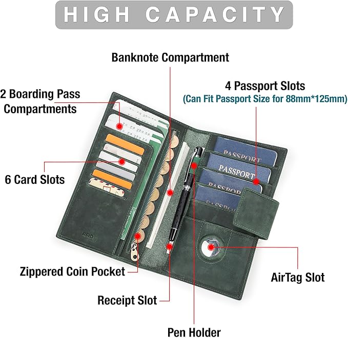 Top Grain Leather Travel Passport Wallet Holder for Man & Woman, Snap Button Design for 4 Passports & Multi Cards, RFID Blocking Large Capacity for Passports/Cards/Checks/Bills, Burgundy