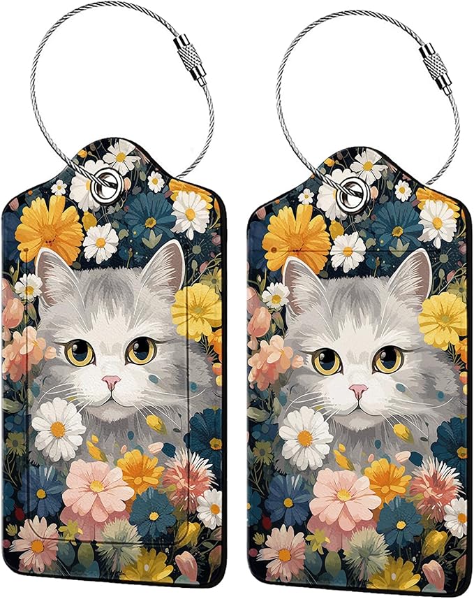 Cute Cat in Flowers 2 Pcs Luggage Tags,Privacy Cover ID Label with Stainless Steel Loop and Address Card for Travel Bag Suitcase,