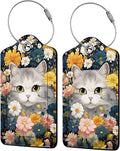 Cute Cat in Flowers 2 Pcs Luggage Tags,Privacy Cover ID Label with Stainless Steel Loop and Address Card for Travel Bag Suitcase,