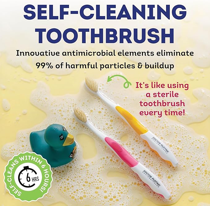 MOUTHWATCHERS Soft Childrens Flossing Manual Toothbrush, Value Pack of 4, Yellow and Blue, Toothbrushes for Kids & Teens, Ultra Clean, by Dr. Plotka's