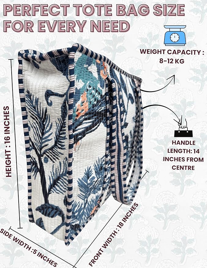 Cotton Quilted Tote Bag for Women – Large Beach & Travel Tote with Zipper, Reusable Grocery Bag