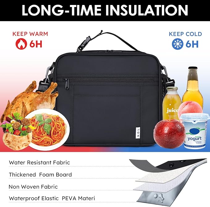 NOL Kids Lunch Bag - Kids 3+ Reusable Insulated Lunch Box with Zipper Closure Buckle Handle Adjustable Long Shoulder Strap, Easy-Clean Waterproof Fabric, Children Lunch Tote Bag for School-Black