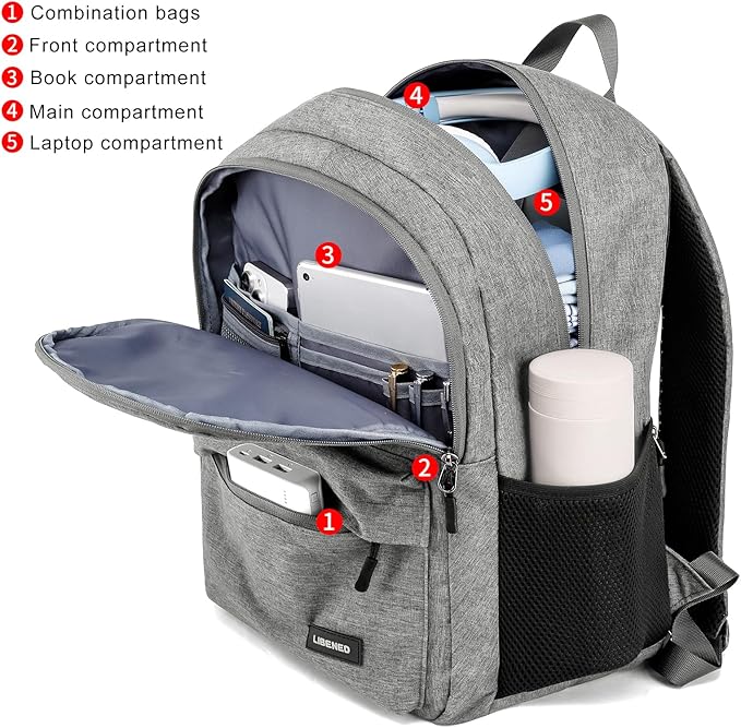 School Backpack for Teen Boys and Girls, with 17.3 inch Laptop Sleeve, Large Computer Bag Mochila with 2 Compartments, Ergonomic Straps, Grey