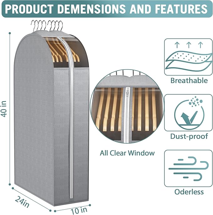 10" Gusseted Garment Bags for Hanging Clothes with Clear Window 50" Suit Bags for Open Closet Storage, Clothing Cover for Coat, Dress, Jacket, Shirt, Fur Wardrobe Protector, 3 Packs