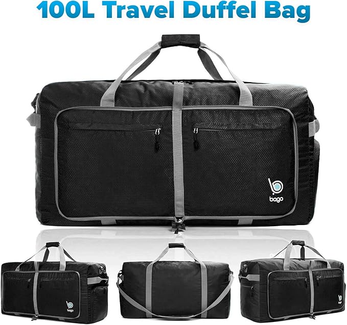 Bago Large Foldable Duffel Bags for Traveling Women & Men - 100L Packable Duffle Bag for Travel with Shoe Compartment - Water Repellant, Heavy Duty, Lightweight Folding & Collapsible (Black)