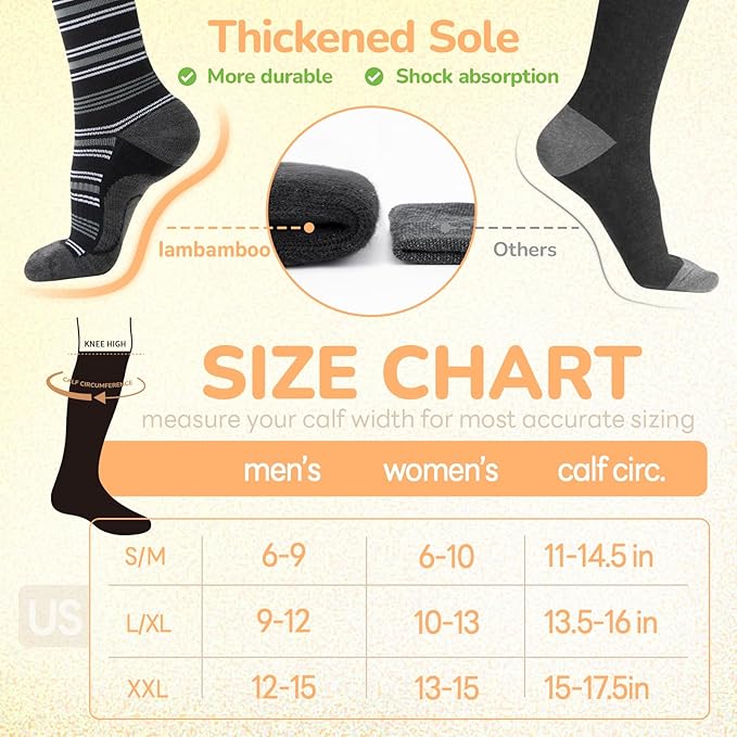 Merino Wool Compression Socks for Women Men, 15-20 mmHg Knee High Socks for Flying, Travel, Running