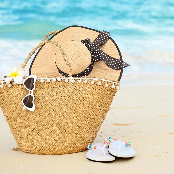 DRESHOW Beach Hats for Women Big Straw Wide Brim Summer Hat Floppy Foldable Roll up Cap Sun Hat UPF 50+