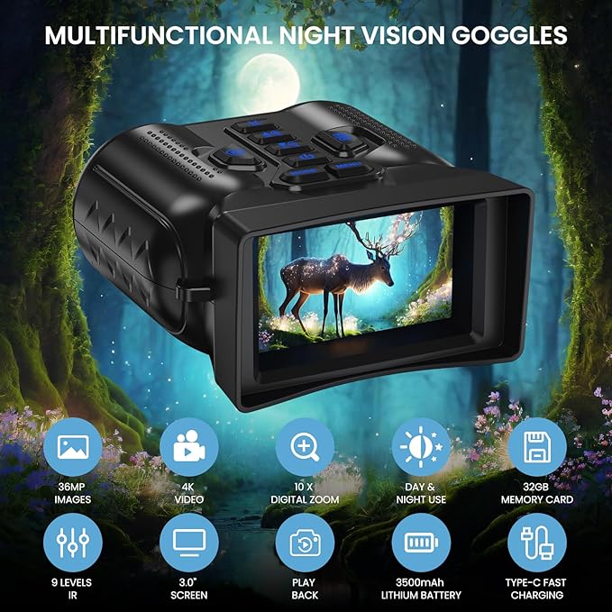 Night Vision Goggles,4K Night Vision Binoculars for Adults,Thermal Binoculars with 10X Zoom,9-Level Infrared,1000FT Infrared Range,32GB TF Card,Photo&Video Recording,Compact Design,Ideal Gifts for Men