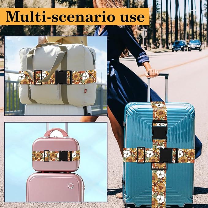 Yellow Daisy Luggage Straps for Suitcases TSA Approved, Luggage Identifiers for Suitcase, Adjustable Suitcase Strap for Baggage Security with Cute Patten, Travel Necessary Accessories (2Pack)