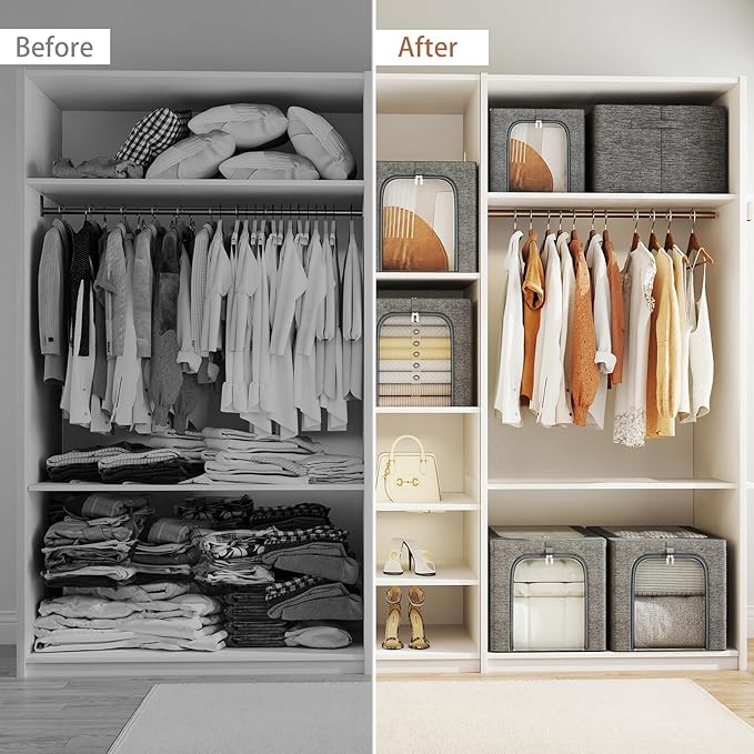 GoMaihe Clothes Storage Bin with Metal Frame: 6-Pack Stackable Closet Storage Bin with Lid & Clear Window, Sweater Boxes Storage for Closet Bedding Clothing Storage Organizer 40L