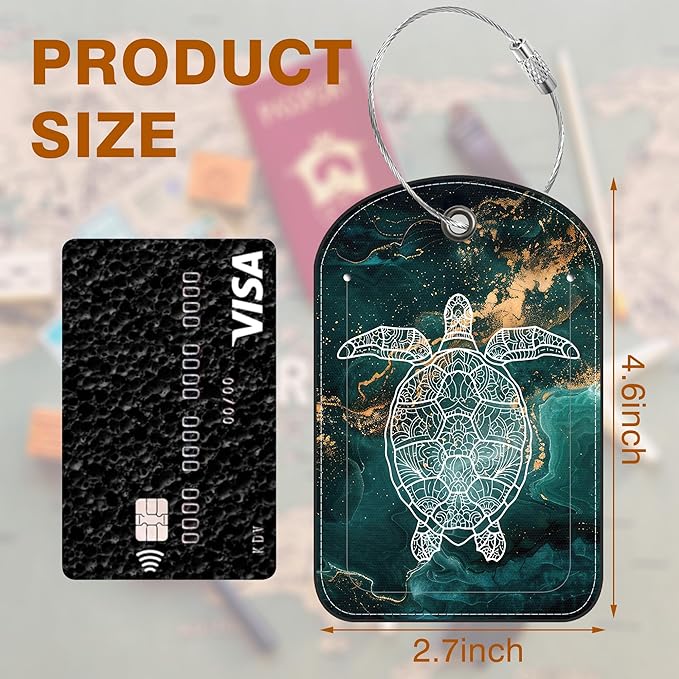 2 Pack Luggage Tag for Suitcase Liquid Marble and Turtle Leather Suitcase Tags with Privacy Name ID Label and Stainless Steel Loop for Travel Bag