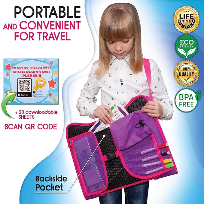 Kids Travel Tray - Waterproof Lap Table with No-Drop Large Tablet Holder - Car Seat Tray - Road Trip Essentials Kids - Car Desk Organizer for Airplane - Toddler Travel Essentials (Pink)