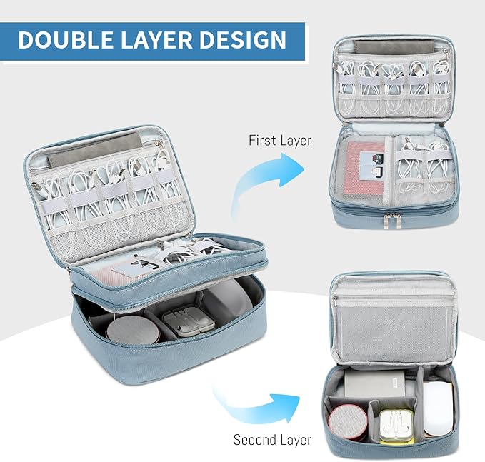 Lanola Travel Cable Organizer Bag, Electronic Accessories Case Portable Double Layer Cable Storage Bag for Cord,phone,Charger, Flash Drive,SD Card,Phone,Power Bank,Personal Items - Grey