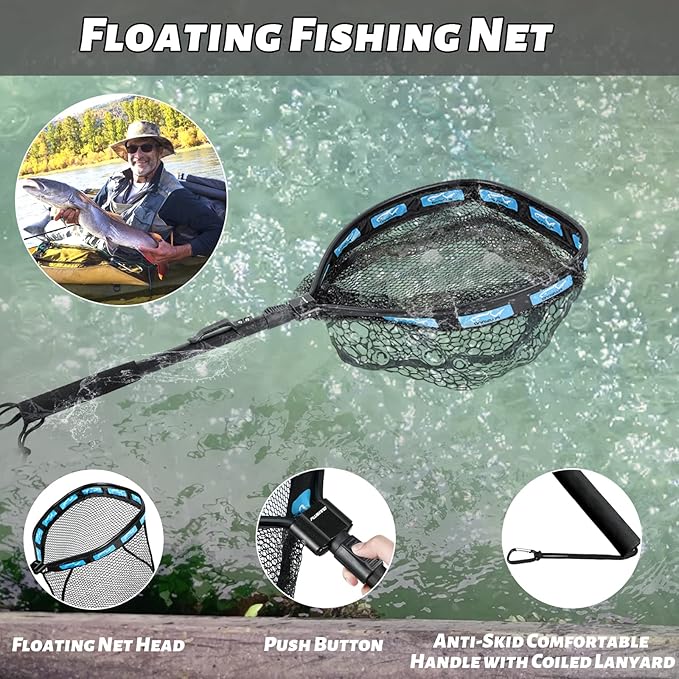 PLUSINNO Floating Fishing Net for Steelhead, Salmon, Fly, Kayak, Bass, Trout Fishing, Catfish, Rubber Coated Landing Net for Easy Catch & Release for Easy Transportation & Storage