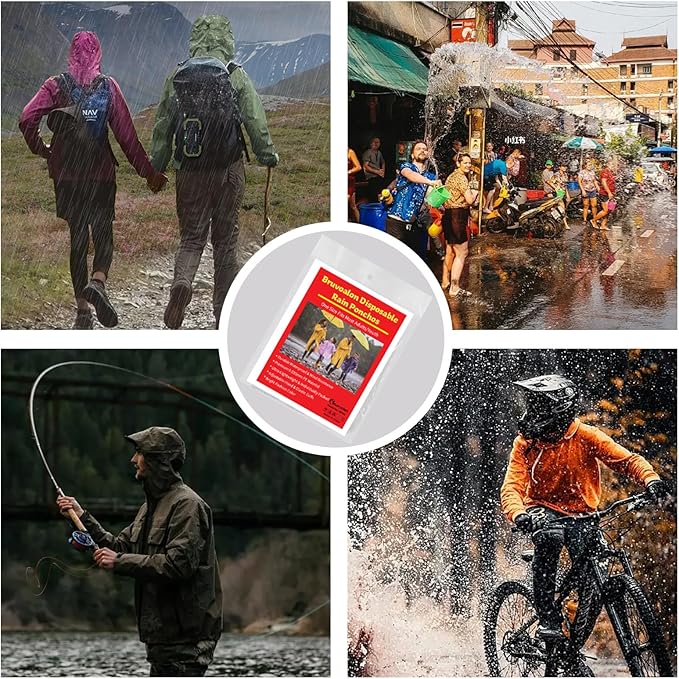 Bruvoalon 6 & 20 Pack Disposable Rain Ponchos for Adults/Youth, Waterproof PE Raincoats with Drawstring, Camping/Emergency