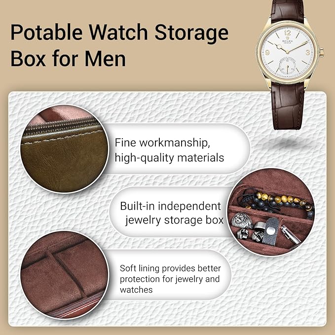 CONBOLA 2 Watch Travel Case for Men with Accessory Compartment,Compact Watch Box for Men Jewelry Case with Microsuede Interior,PU Leather Protect Fits Watches & Smartwatches Up to 55mm. (Brown)