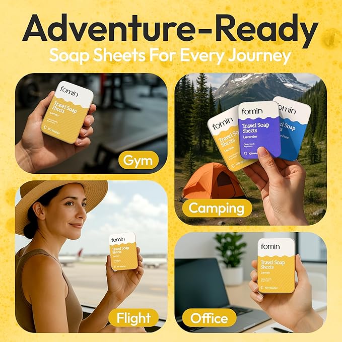 FOMIN - Antibacterial Paper Soap Sheets Tin for Traveling - (100 Sheets) Lemon Portable Travel Hand Soap Sheet, Dissolvable Mini Camping Hand Soap for Hand Washing