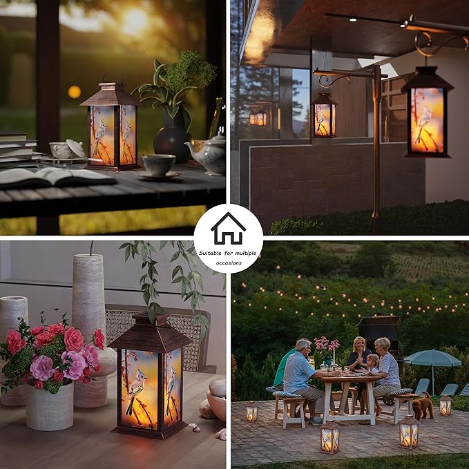Outdoor Solar Lanterns, Waterproof Blue Jay Hanging Lantern with Flickering LED Candle, 13'' Bird Outdoor Solar Powered Lantern Decor for Porch Patio Garden Balcony Pathway, 1 Pack