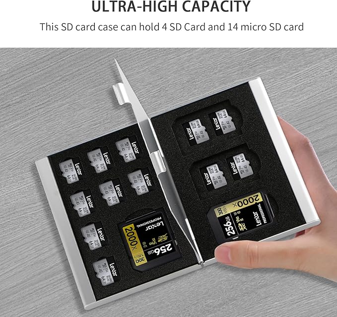 Aluminum SD Card Case, 18Slots Ultrathin SD Card Holder, Memory Card Storage Holder,Fit for 4 SD Card, 14 Micro SD Card, Silver