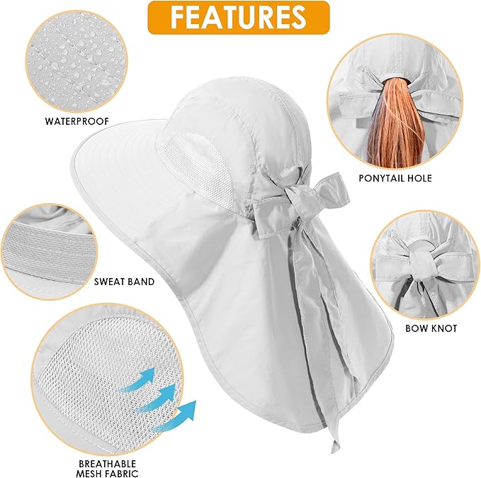 Womens Sun Hat UV Protection, Foldable Waterproof Wide Brim Bucket Hats with Neck Flap for Summer Beach Fishing Hiking