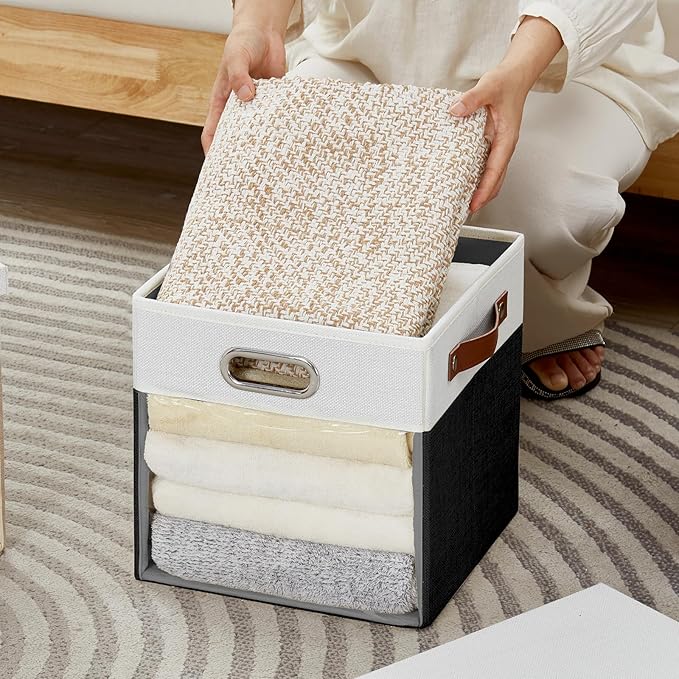 Fabric Storage Cubes with Clear Windows and Lids 11'' Foldable Storage Bins with 3 Handles, Decorative Storage Boxes for Home, Bedroom, Closet, Office (Balck & White)