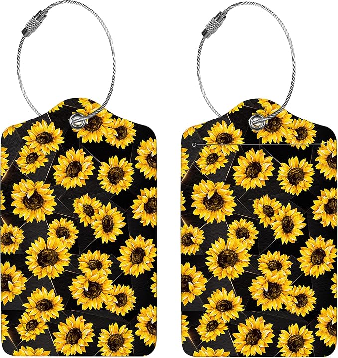 2 Pcs Luggage Tags for Suitcase, Cute Unique PU Leather Travel Bag Tag with Privacy Cover ID Label Address Card and Durable Metal Ring Suitable for Men Women Children Backpack,Sunflower