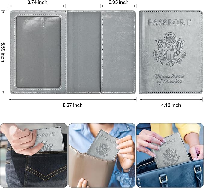 Passport and Vaccine Card Holder Combo, Passport Holder with Vaccine Card Slot, Passport Wallet, Passport Cover, Passport Case, Passport Holder for Women and Men(AJ-grey)