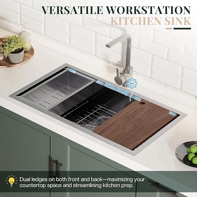 31.5-Inch Undermount Kitchen Sink Workstation, 16 Gauge 304 Stainless Steel Single Bowl Kitchen Sink with Cutting Board, Drying Rack, Roll-Up Rack and Drain Assembly