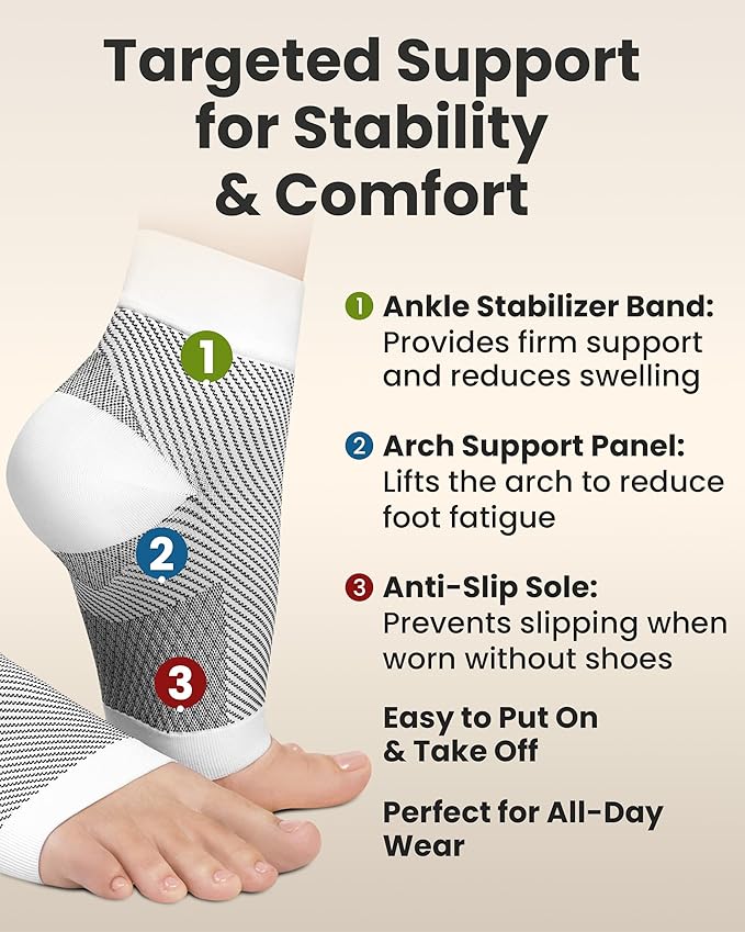 KEMFORD Ankle Compression Sleeve - Plantar Fasciitis Braces - Open Toe Compression Socks for Swelling, Sprain, Neuropathy, Foot Arch Support for Men and Women - 20-30mmhg, M, White and Black