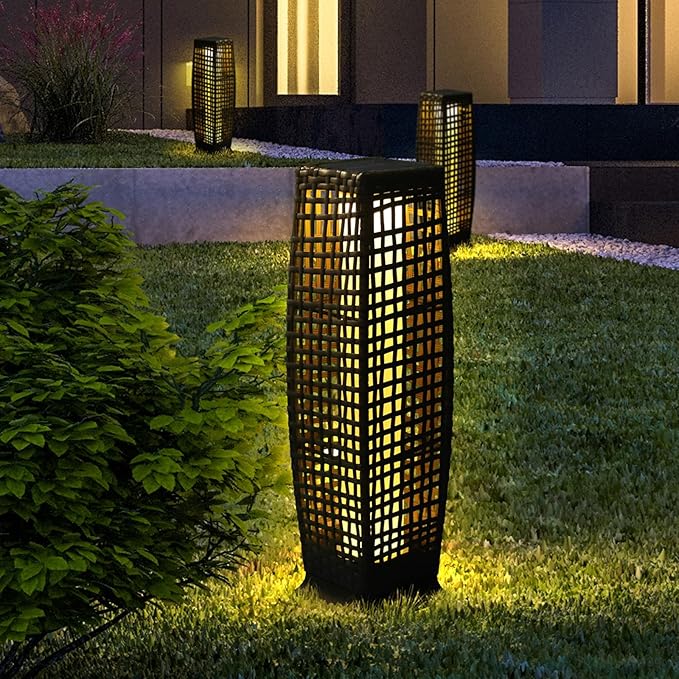 Solar Floor Lamp, Outdoor Floor Lamp, Solar Lanterns Outdoor Waterproof, Solar Powered Resin Wicker Outdoor Solar Lamp, Weather-Resistant Rattan Deck Light for Porch, Garden, Patio, Deck
