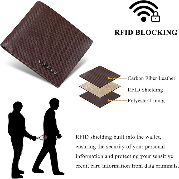 VISOUL Mens Carbon Fiber Leather Bifold Wallet with 2 ID Windows, RFID Blocking Stylish Wallet for Men with 2 Cash Compartments (Brown+Brown)