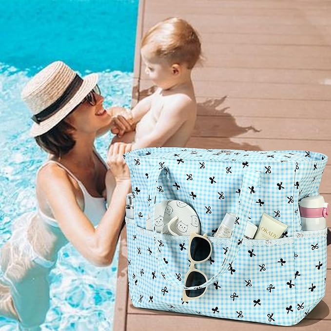 LEDAOU Large Beach Tote Bag Women Waterproof Sandproof Zipper Beach Tote Bag for Pool Gym Grocery Travel with Wet Pocket