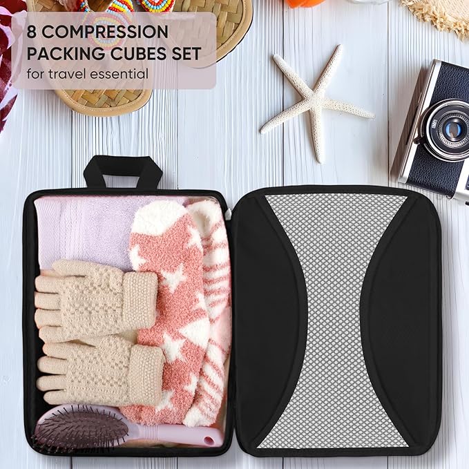 8 Set Compression Packing Cubes for Travel, Packing Cubes Compression Travel Accessories Expandable Packing Organizers for Carry on Luggage Suitcase (Gray)