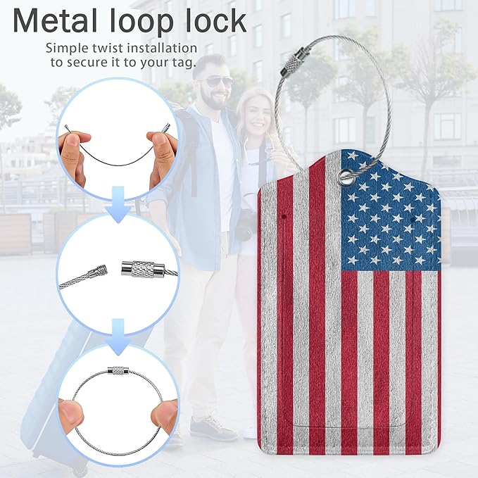 Luggage Tags for Suitcase,American Flag Luggage Tags of Set 2 Leather Identifiers Privacy Cover with Stainless Steel Loop for Women Men Travel Bag Suitcase