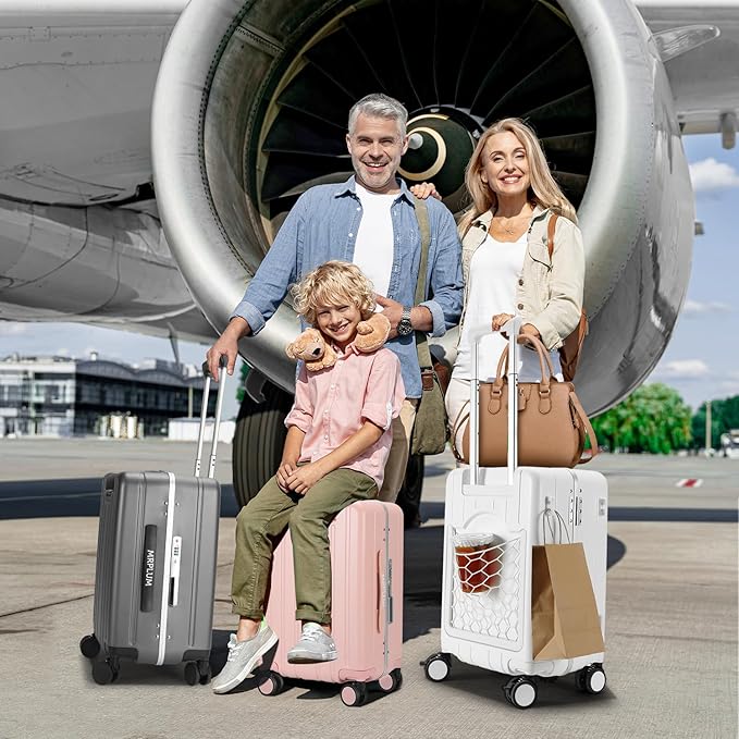 MRPLUM Carry On Luggage Double Handle Suitcase with Net Pocket,Hard Shell Spinner Wheels Luggage with TSA Lock&Seat Belt,20 inch,White